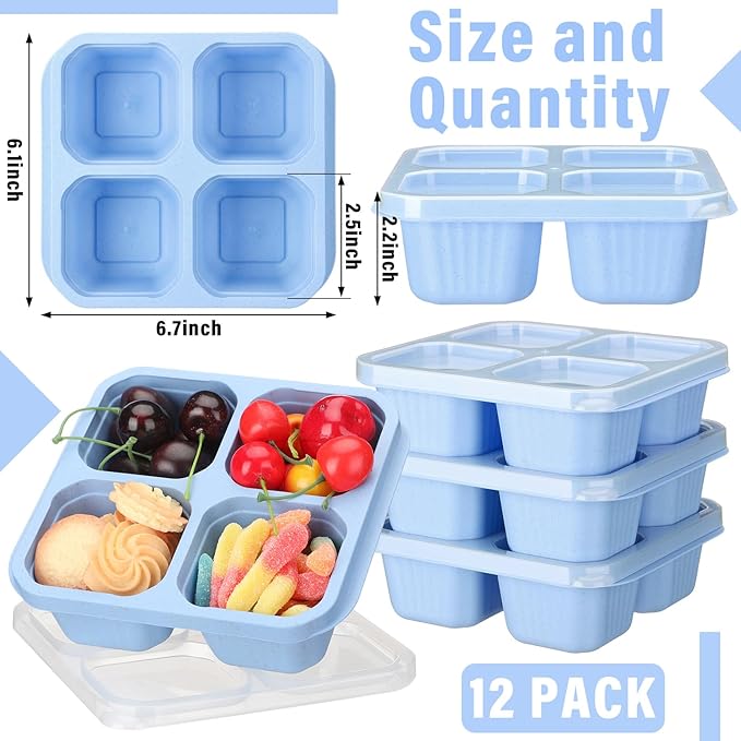 12 Pcs 4 Divided Compartments Snack Containers Bento Wheat Straw Snack Box with Lid Reusable Meal Prep Lunch Box Food Storage Containers for Adults Travel Work(Blue)