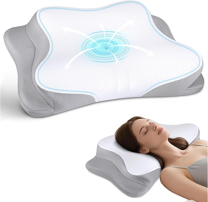 Cervical Neck Pillow for Pain Relief - Cooling Ergonomic Neck Support Pillow for Sleeping, Orthopedic Contour Memory Foam Pillows for Side, Back & Stomach Sleepers with Pillowcase (White)