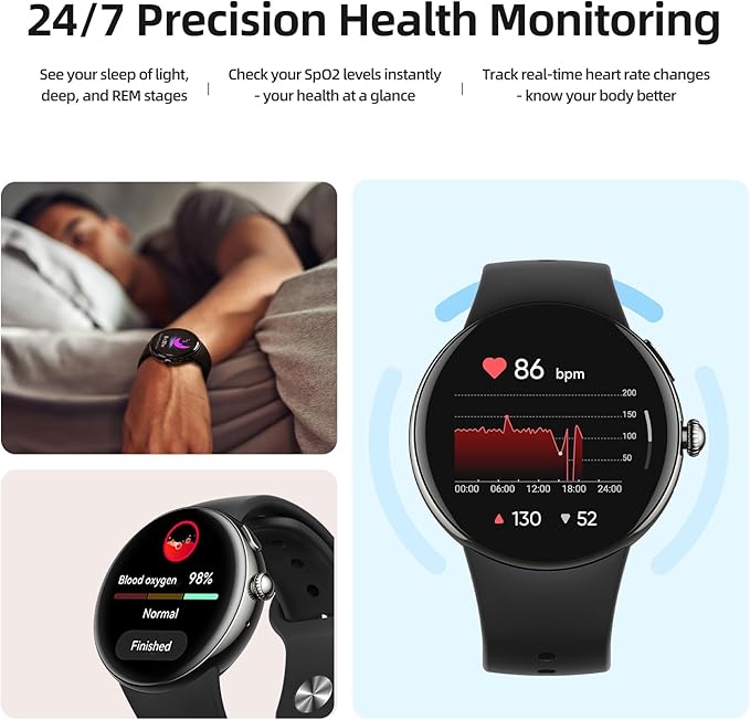 Parsonver AMOLED Smart Watch for Men Women, Always-On Display Fitness Tracker, Answer/Make Calls, 2 Quick-Release Bands, Heart Rate Sleep Monitor, 120+ Sports Modes Pedometer for Android iPhone, Black