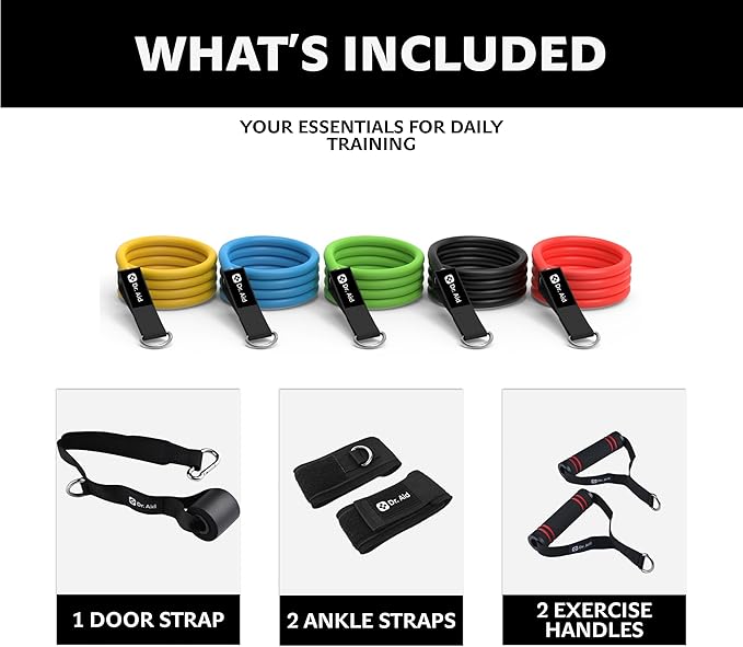 Dr. Aid Resistance Bands Set – 5 Stackable Workout Bands with Handles, Pure Latex, High Elasticity & Tear Resistant – Smell-Free Full-Body Exercise Bands for Rehab, Basic Training & Strength Workouts