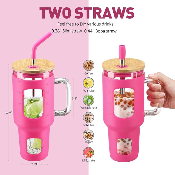 Glass Tumbler with Straw and Lid, 40 oz glass cup with handle, Glass Water Bottles with Time Marker, Silicone Protective Sleeve-Rose Red