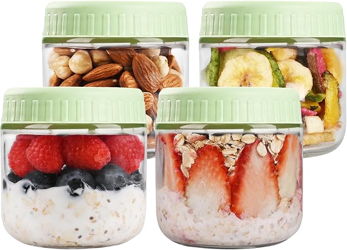 Overnight Oats Containers with Lids, 10oz Glass Jars with Lids 4 pcs, Light Green, Wide Mouth Mason jars for Salad, Yogurt, Snacks, Meal Prep