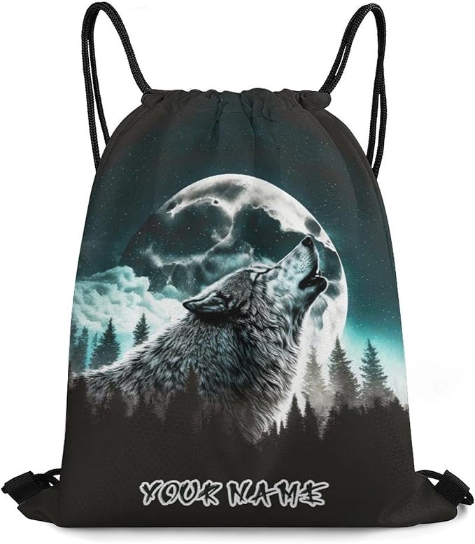 Custom Wolf Drawstring Backpack - Cute Cinch Sack, String Backpacks for Women Men Kids Boys Girls for Gym Outdoor Sports Travel Athletic Drawstring Bag - Lightweight/Foldable