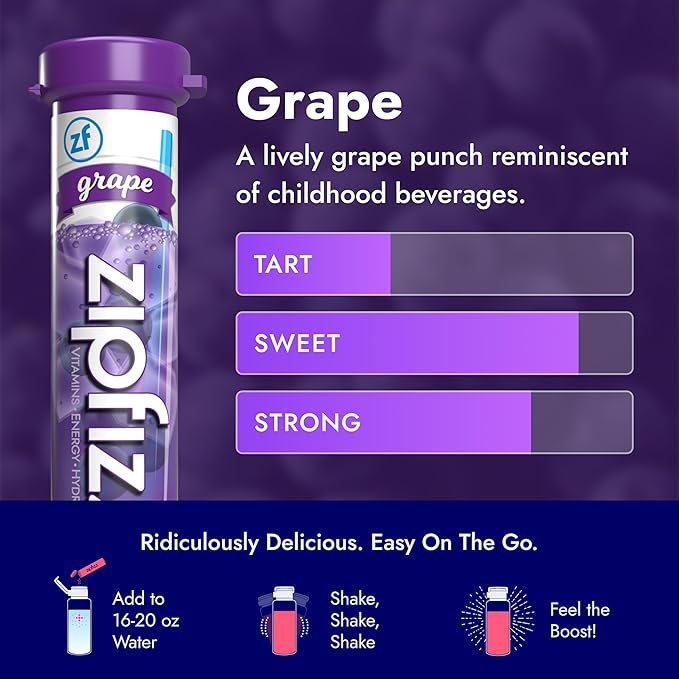 Zipfizz Daily Energy Drink Powder, Grape, 20 Pack | 3-in-1 Sustained Energy, Rapid Hydration, and Essential Vitamins | Sugar-Free | Electrolyte Powder | Contains Vitamin B-12 & Antioxidants