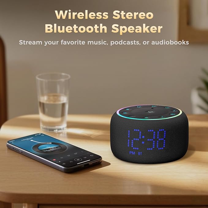 White Noise Machine Alarm Clock: Auto-Dimmable Clock for Bedrooms - 5W Stereo Bluetooth Speaker - Sound Machine with 24 Sleep Sounds for Adults Kids