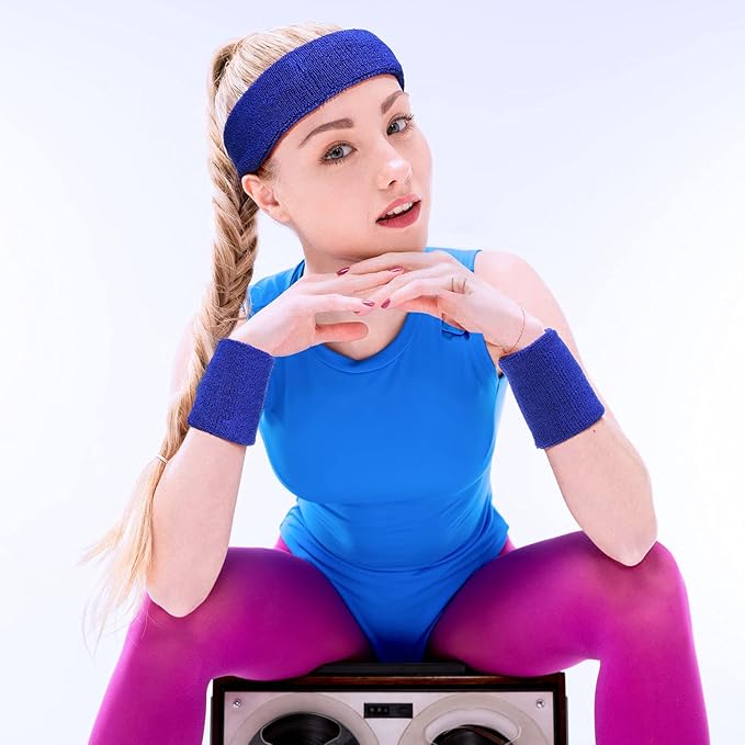 SATINIOR 8 Sets 80s Sweat Band and Wristband Sports Neon Headbands Exercise Sweatbands Gym Wristbands for Men Women Sports Activities(Fresh Color)