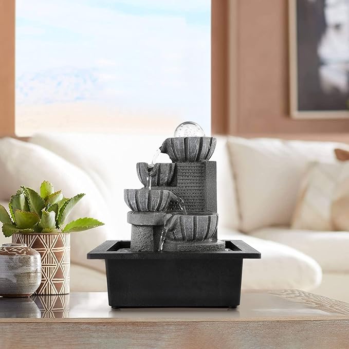 Dyna-Living Water Fountains Indoor Tabletop Water Fountain with LED Rolling Ball Feng Shui Waterfall Fountain for Modern Home Decor Office Living Room Decoration