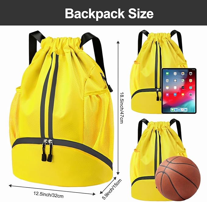 Hoedia Sports Drawstring Backpack - String Swim Gym Bag with Shoes Compartment and Wet Proof Pocket for Women/Men (Yellow)