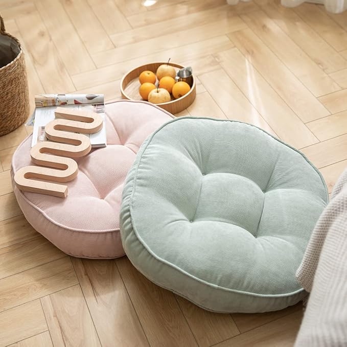Corduroy Chair Pads Seat Cushion Soft Thicken Bedroom Living Room Floor Tatami Cushion Round Seat Pad for Kids Reading Adult Office,1 Count (Light Green,22"x22")