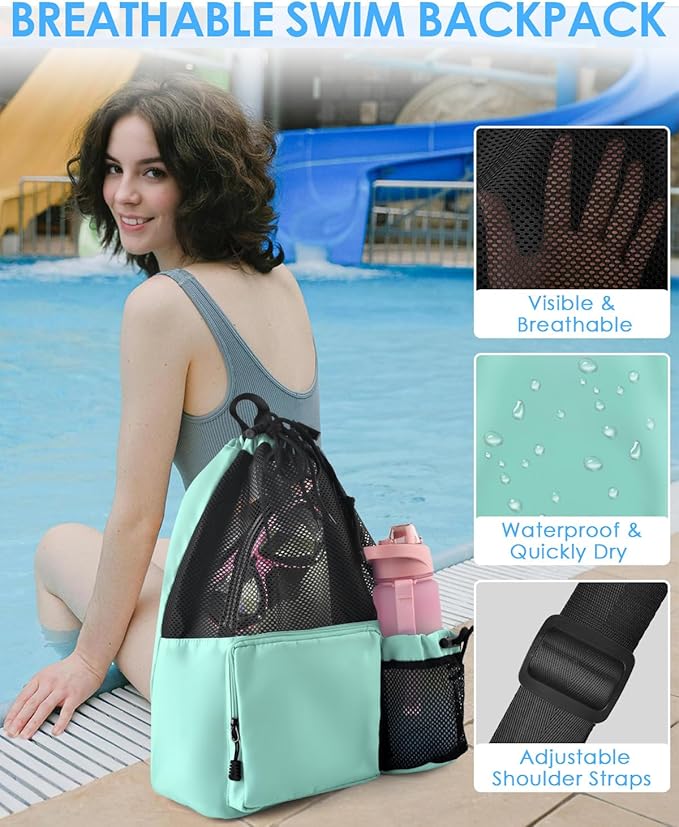 BROTOU Swim Bag Beach Backpack with Wet Pocket Mesh Drawstring Bags for Swimming, Gym