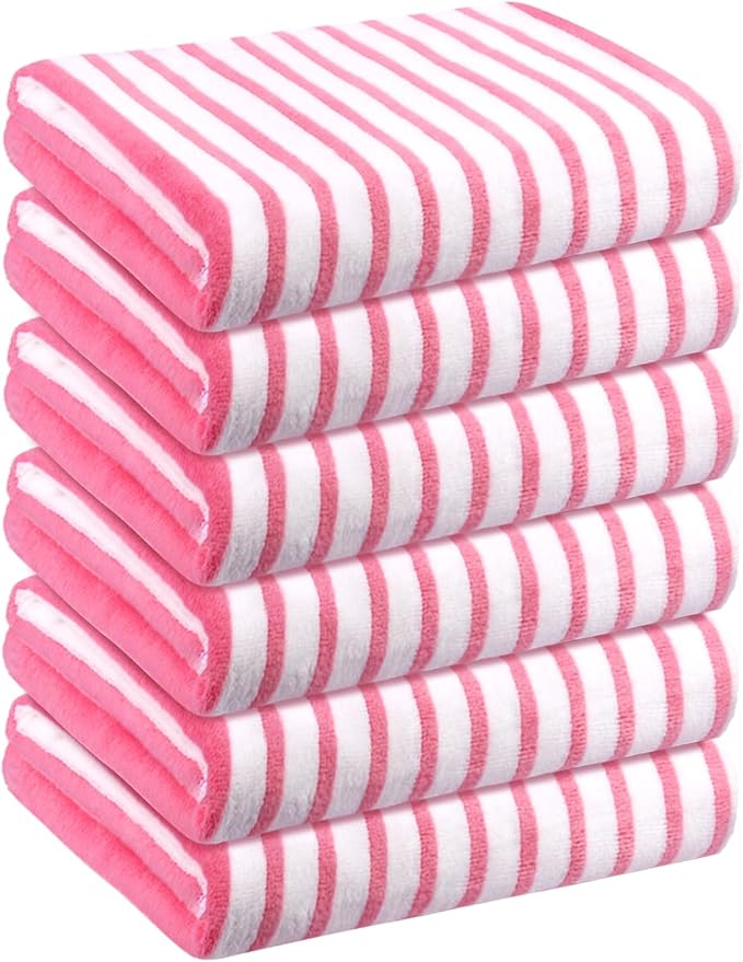 JML Microfiber Beach Towels, Cabana Stripe Bath Towel Set 6 Pack, 27" x 55" - Large Absorbent Quick Dry, No Fading, No Linting for Hair Wrap, Pool, Bath, Sport, Yoga, Camping, Swimming, Pink