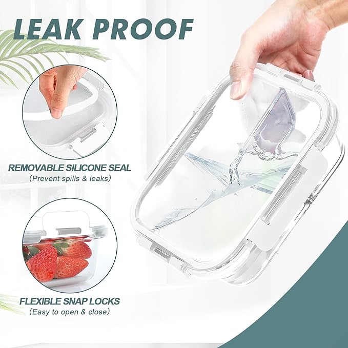 KOMUEE Glass Meal Prep Containers 3 Compartments, 5 Pack 36 oz, Glass Food Storage Containers with Lids, Airtight Lunch Bento Box, Portion Control, Freezer and Microwave Safe, White