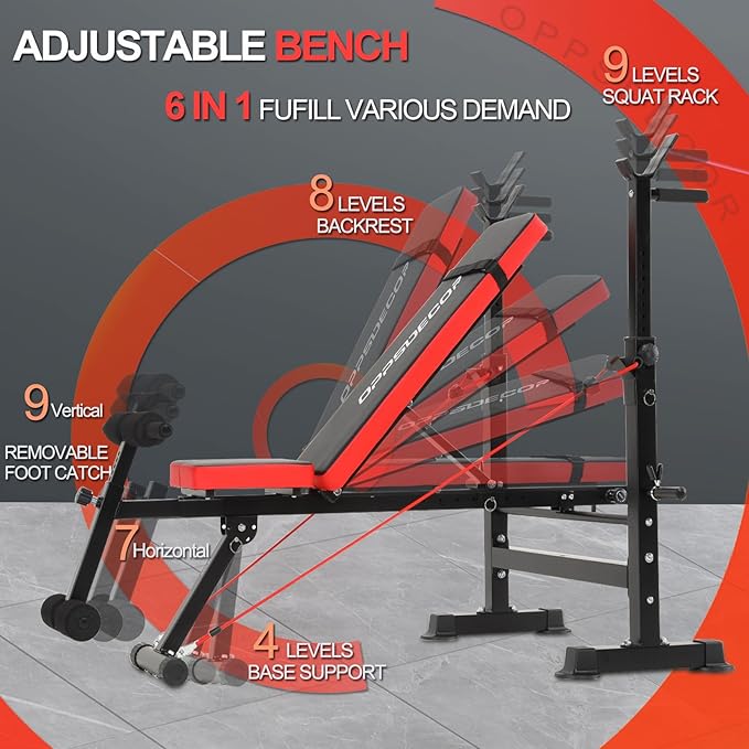 OPPSDECOR 8-in-1 Foldable Weight Bench Set with Squat Rack, Adjustable Bench Press Home Gym System for Full-Body Workout, Flat Incline Decline Sit Up Bench with Removable Foot Catch & Elastic Ropes