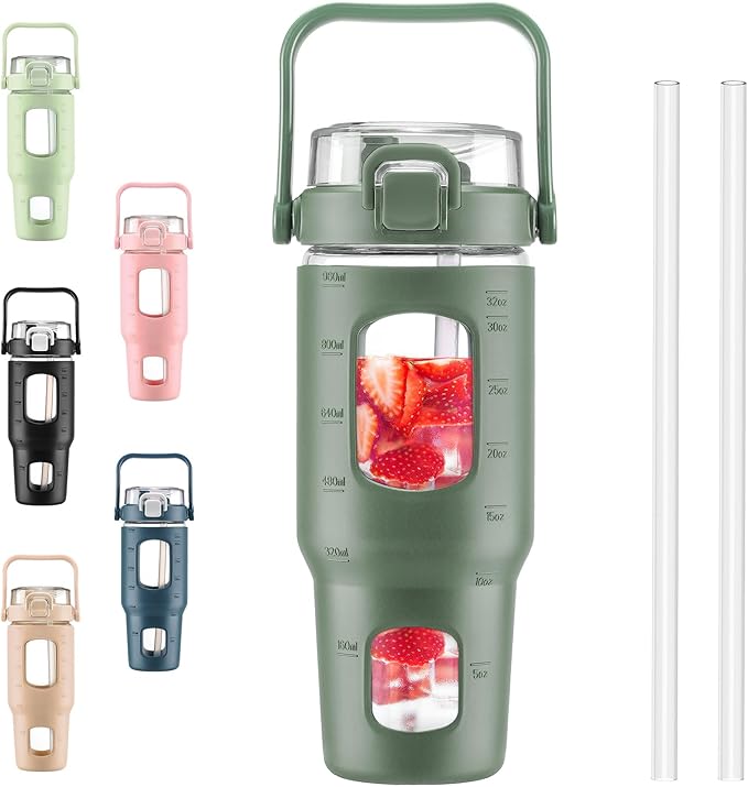 BLUEGO 32oz Glass Water Bottles with Straw Time Marker Half Gallon Large Motivational Water Bottle with Silicone Sleeve 2 Liter Large Glass Water Jug for Gym, Sports& Workout, Daily, 02 Olive