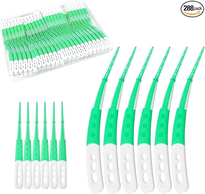 Dental Floss Picks with Soft Rubber Brush Heads, Straight and Curved Brush Head Design, 288 Count,Green