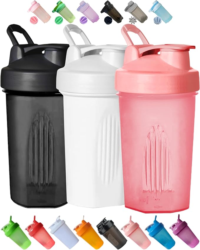 3 Color Value Pack Snap Shaker Bottles for Pre-Workout Protein Drink Mixes(Black,White,Pink)w. Whisk Ball-Scale Marks 4-8-12 Oz,Anti-Leak,BPA Free,Classic Loop,Dishwasher Safe,Easy to Clean,Wide Mouth