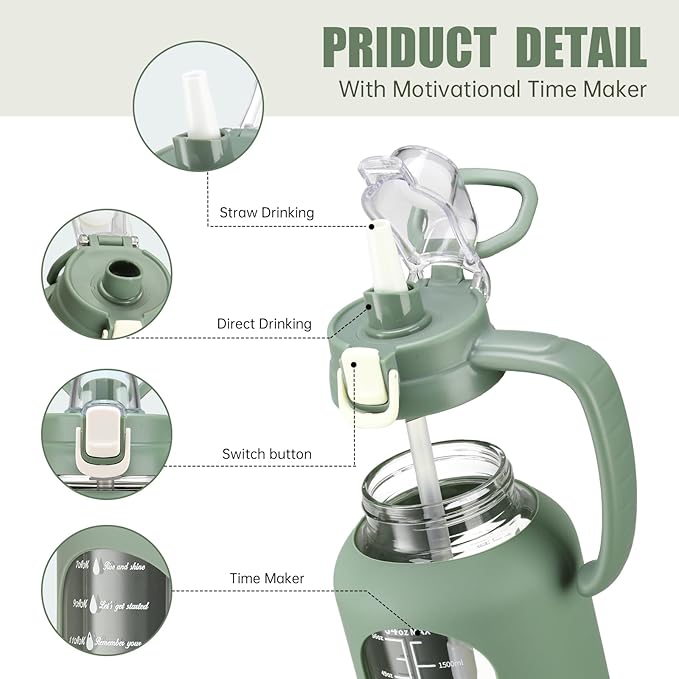 64 oz Glass Water Bottle with Straw and Handle Half Gallon Water Jug with Silicone Sleeve Large Water Bottle for Office, Gym, Outdoor Sports