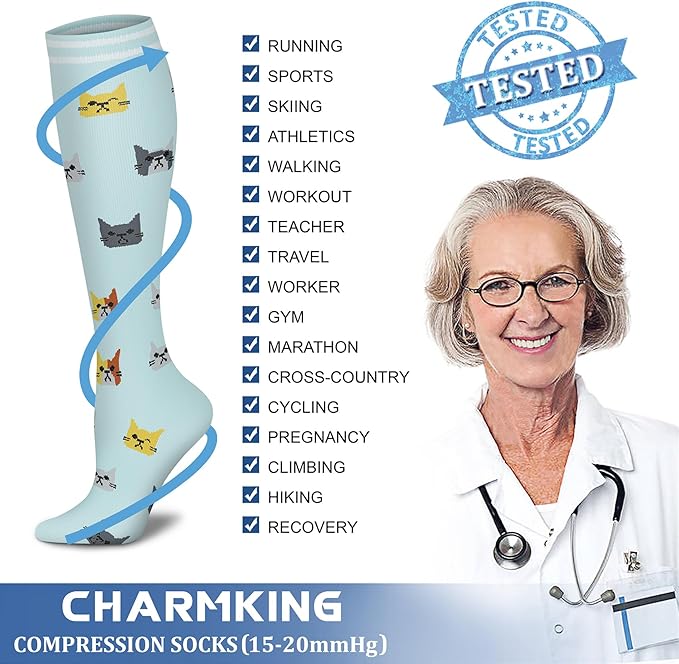 CHARMKING Compression Socks for Women & Men Circulation (8 Pairs) 15-20 mmHg is Best Support for Athletic Running,Hiking