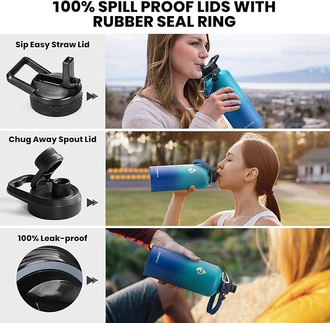 Insulated Water Bottle 87 oz, Triple Wall Vacuum Stainless Steel (Cold for 48 Hrs), Leak Proof & Non-BPA, Modern Water Flask Jug with Paracord Handle & Straw Spout Lids, Cyan Blue