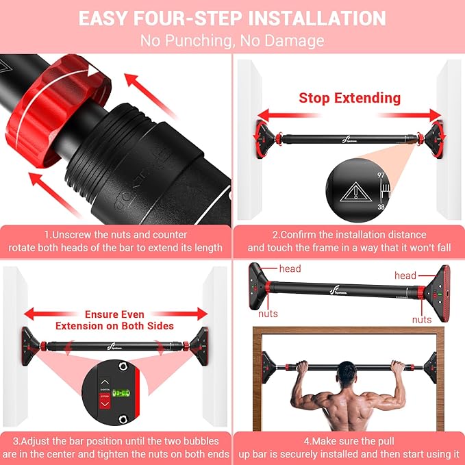 Pull Up Bar for Doorway: Sportneer Strength Training Pull-up Bars without Screw - Adjustable Width Locking Mechanism Chin Up Bar, Thickened Steel Max Limit 440 lbs Upper Body Fitness Pullup Bars for Home (Black-Red)