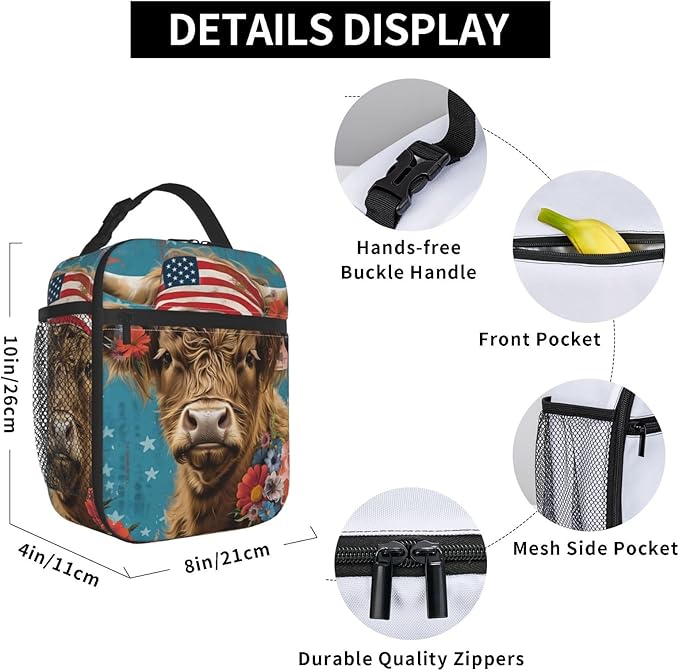 Insulated Lunch Box for Women Men, Highland Cow Theme Lunch Box Reusable Portable Lunch Bag Cooler Tote Waterproof Lunch Container for Office Picnic Work Travel
