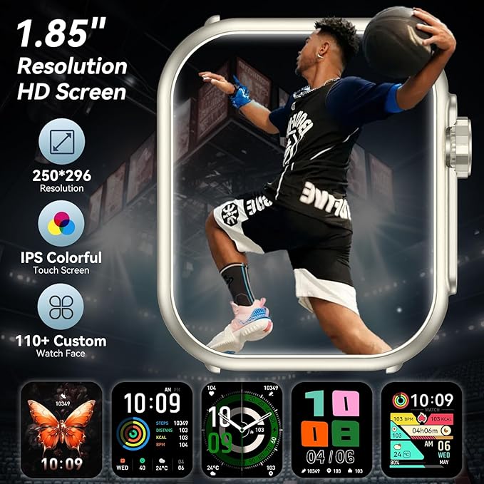 Smart Watch for Men Women, 1000mAh Battery 100-Day Standby Time, 1.85" HD Screen Fitness Tracker, 110+ Sport Modes, IP68 Waterproof, Heart Rate/Sleep Monitor, Fitness Watch for Android/iPhone(Blue)