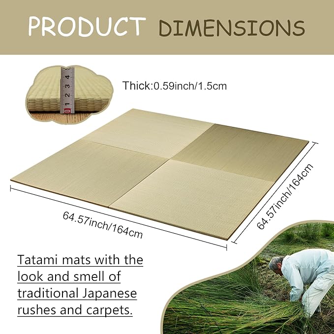 HAGiHARA Japanese Tatami Mat, Patchwork Tatami Floor Mats, 64" x 64" Foldable Square with Non-Slip Design for Bedroom, Crawling and Yoga, Made of Rush Grass, Igusa(Without Edge/4 Picecs)