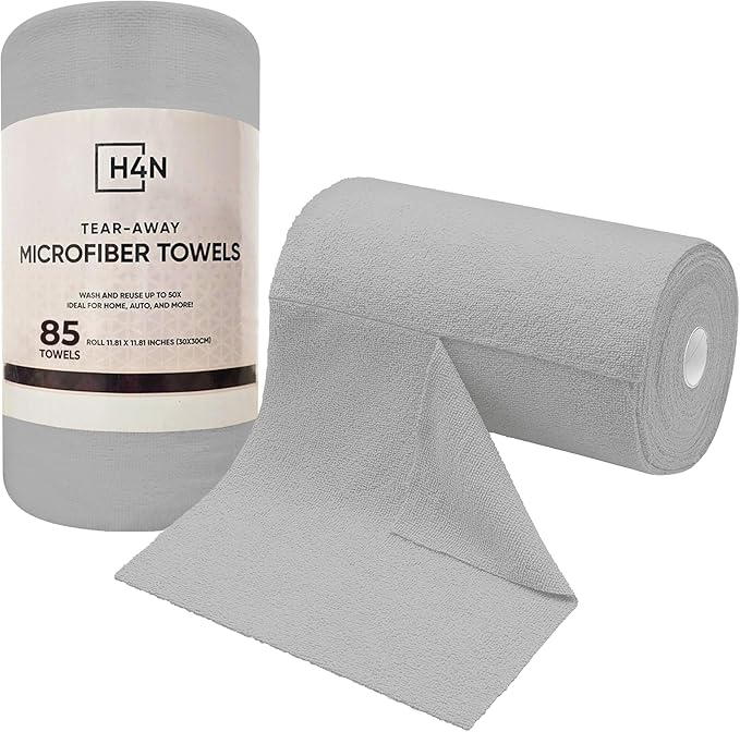 H4N Microfiber Cleaning Cloth Roll, 85 Pack Micro Fiber Cloth for Cleaning, Tear Away Towels, Ultra Absorbent, Non-Abrasive, Reusable and Washable Cleaning Supplies, 11.81" x 11.81", Gray