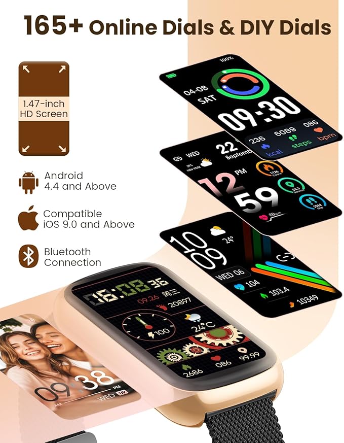 Fitness Tracker, 24/7 Heart Rate Monitor Watch, 1.47" Fitness Watches for Women with 24 Sport Modes, Androdi Smart Watches for Women/Men, IP68 Step Tracker, Pedometer, Gift