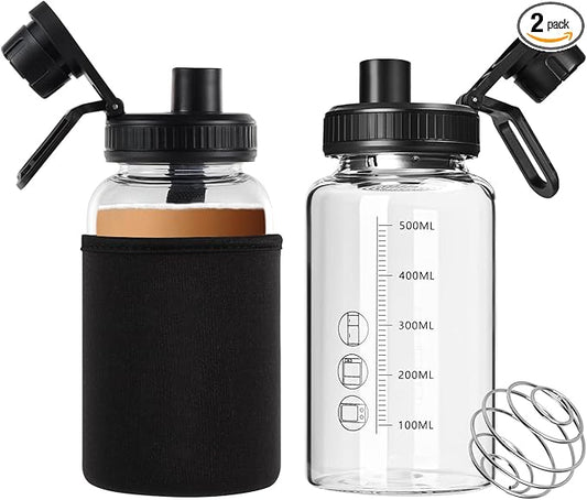 Glass Shaker Bottle, 2 Pack 22oz BPA-Free Odorless Shaker Bottle with 304 Stainless Steel Ball and Removable Cleaning Brush for Fitness Protein Mixes