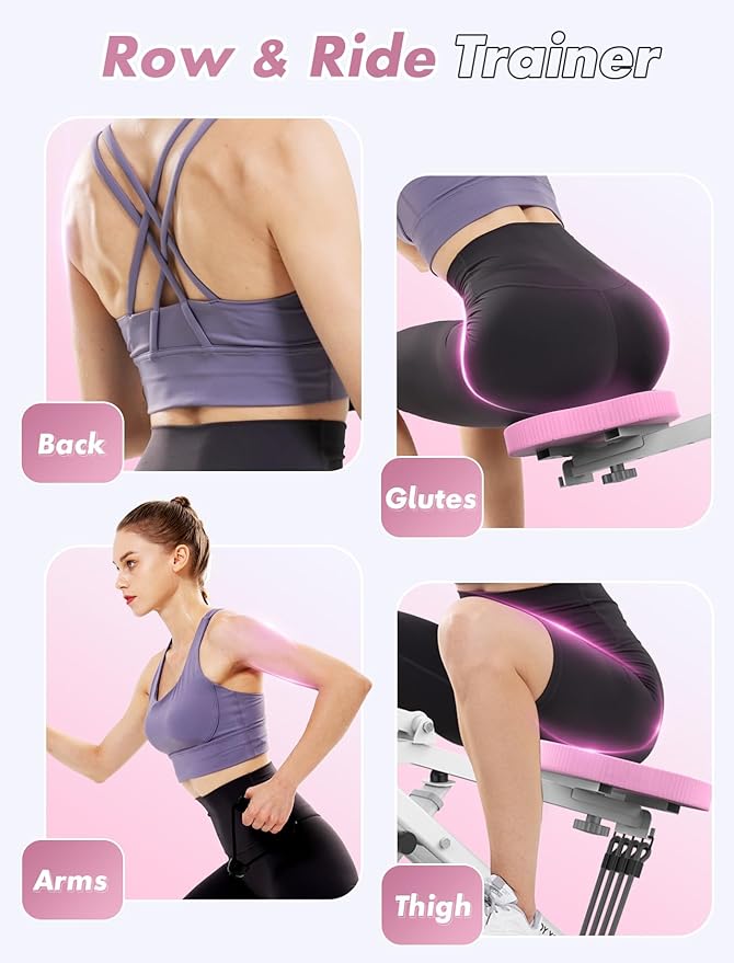 Sportsroyals Pink Squat Machine Rowing Machine for Home 2 in 1 Rower & Squat Assist Workout Foldable Rower for Home Full Body Worikout Adjustable 4 Resistance Bands 330lbs