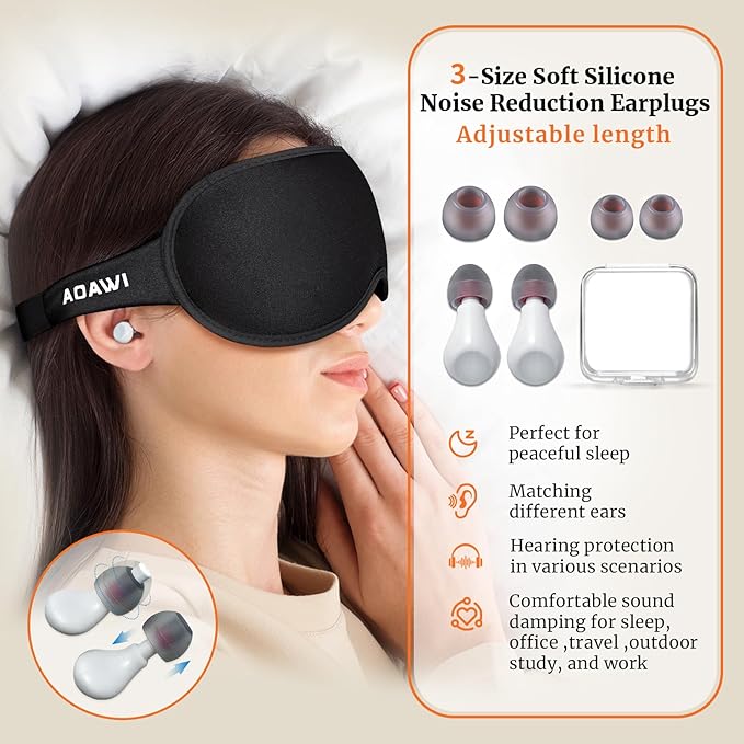 Sleep Eye Mask 3D Contoured Cup Soft and Gentle, Breathable, Comfortable for Side Sleeping, Travellers, Yoga, Men, Women, Adjustable, with Silicone Ear Plugs for Sleeping Noise Reductions