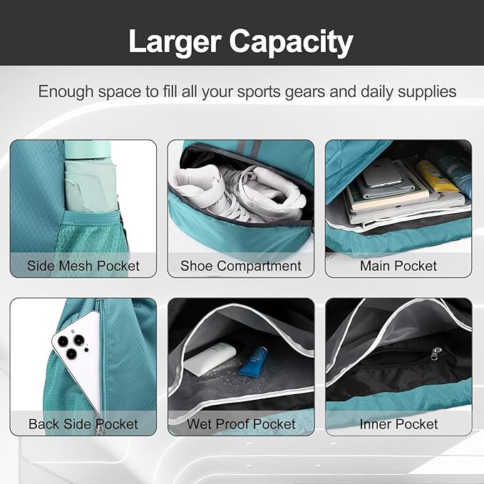 Hoedia Sports Drawstring Backpack - String Swim Gym Bag with Shoes Compartment and Wet Proof Pocket for Women/Men (Teal)
