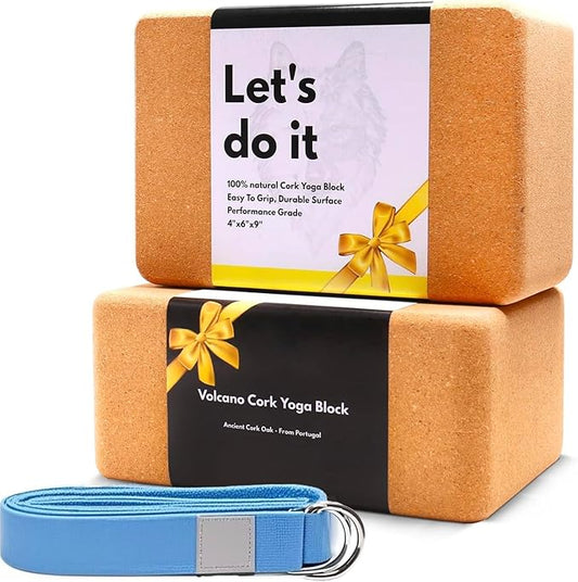 Cork Yoga Blocks 2 Pack Set -Natural Cork from Portugal, 9"x6"x4" Yoga Blocks Non-Slip&Anti-Tilt for Women| Men, Lightweight, Odor-Resistant| Moisture-Proof, Perfect Yoga Equipment