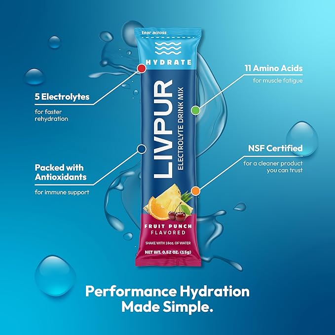 LivPur Electrolyte Drink Mix, Instant Hydration Powder with Vitamin C, B6, B12 & Essential Amino Acids for Muscle Support & Immune Health, Sports Essentials, Fruit Punch Flavor, 15 Stick Packs