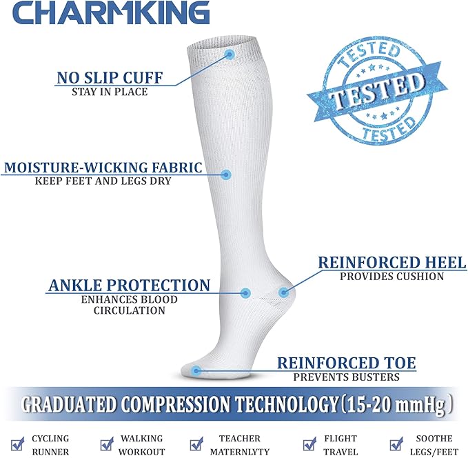 CHARMKING Compression Socks for Women & Men Circulation (8 Pairs) 15-20 mmHg is Best Support for Athletic Running,Hiking