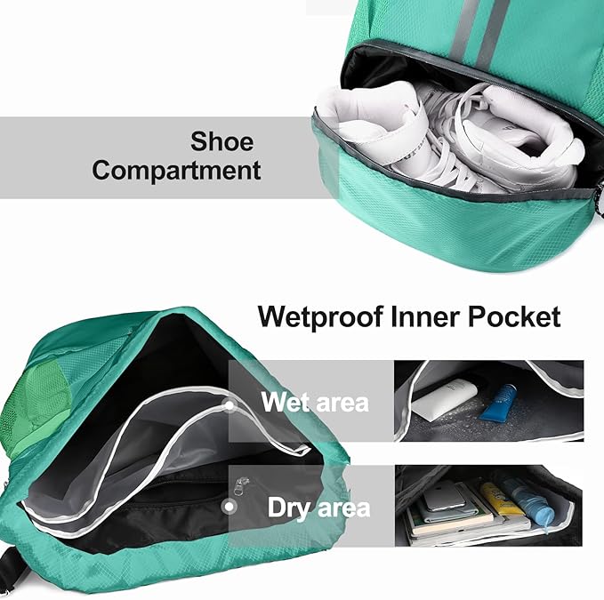 Hoedia Sports Drawstring Backpack - String Swim Gym Bag with Shoes Compartment and Wet Proof Pocket for Women/Men (Mint Green)