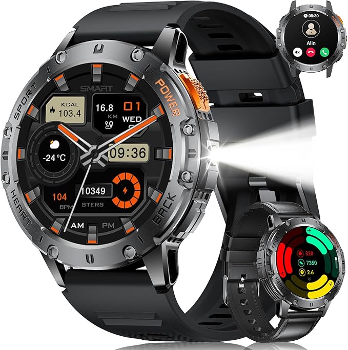 Military Smart Watches for Men for Android/iPhone-1.43''AMOLED Display Smartwatch with 123 Sport Modes/Flashlight,5ATM Waterproof Fitness Tracker with Heart Rate/Sleep Monitor,Silicone