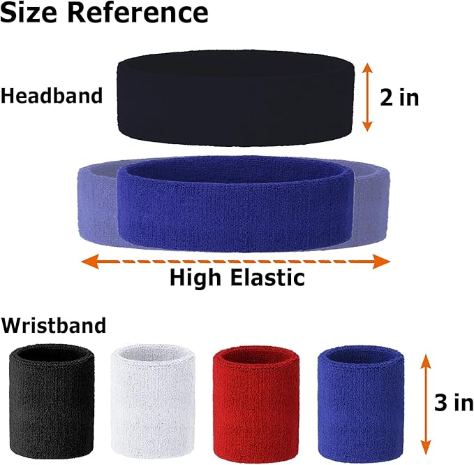 Cosmos 4 Pcs Soft Cotton Headband Sweatband Set Moisture Wicking Sports Headband + 4 Pairs of Wristband Sweatband Wrist Sweat Band Brace for Sports Outdoor Running Cross Training Yoga Workout
