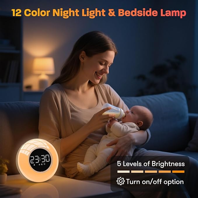 White Noise Sound Machine with 30 Soothing Sounds & 12 Colors Light, Sunrise Alarm Clock Wake Up Light, Adjustable Volume & Night Light, Timer, Ideal for Adults, Kids, Heavy Sleepers