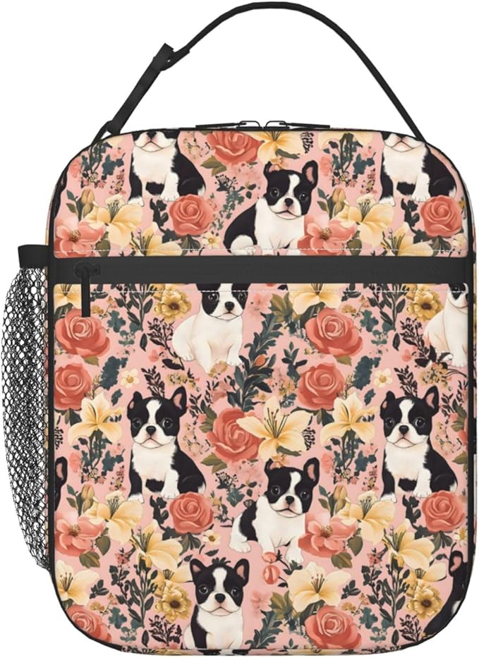Cute Dog Lunch Box for Kids,Puppy Insulated Bag for Student,Pet Lovers Reusable Thermal Insulation Cooler Tote Bags for School Work Picnic Camping Outdoor Gifts (Boston Terrier and Floral)