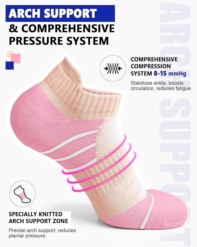 Cotton Ankle Compression Socks for Women 6 Pairs, Running Socks with Arch Support Plantar Fasciitis Athletic Sock