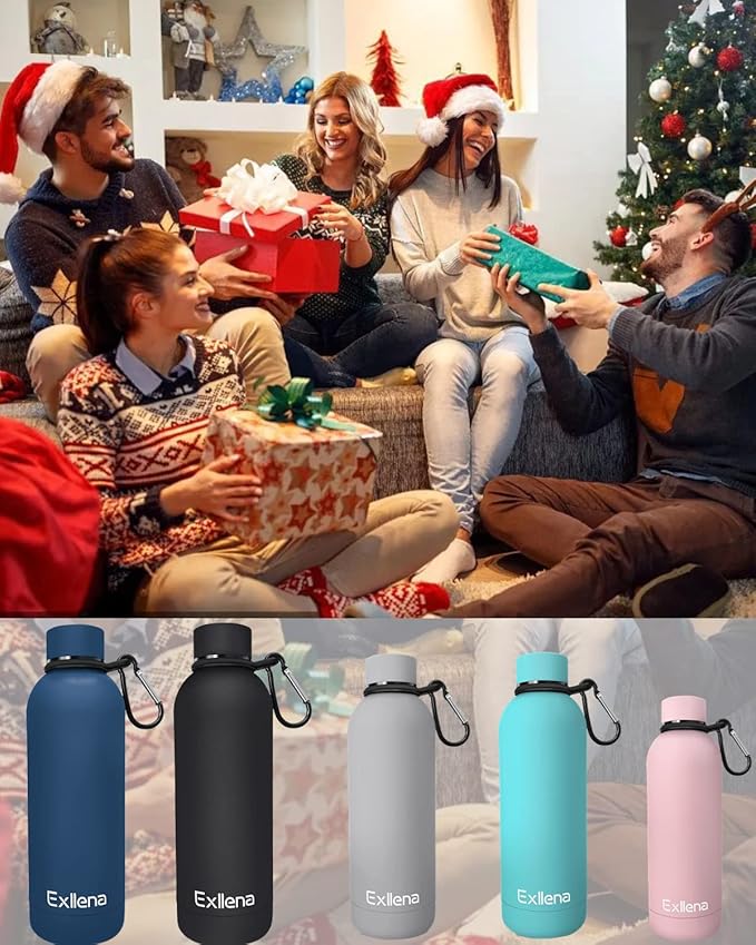 Slim Insulated Water Bottles for Travel 32oz with Clip, Double Wall Vacuum Stainless Steel Water Bottle Keeps Drinks Cold 24 Hrs/Hot 12 Hrs, 100% Leakproof, BPA Free (Black)
