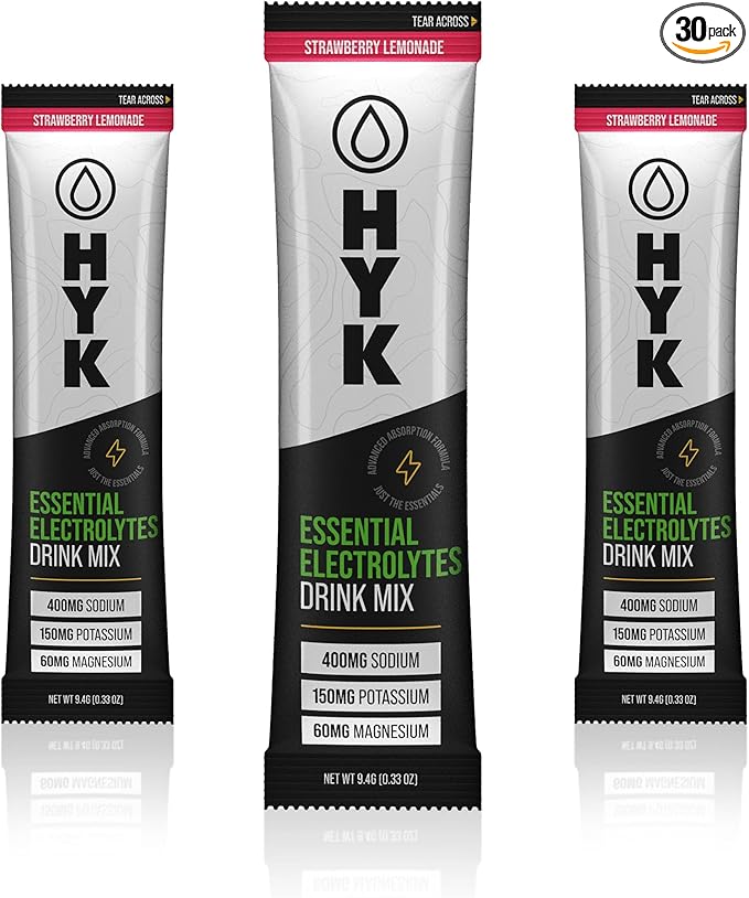 HYK Essential Electrolytes Powder Packets Instant Hydration for Endurance Athletes – Natural Electrolyte Drink Mix for Rapid Rehydration – Clean Hydration Powder – Strawberry Lemonade, 30 Stick Packs