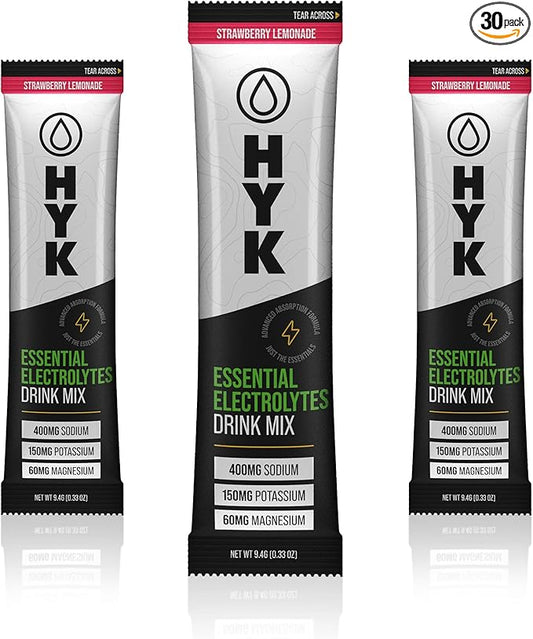 HYK Essential Electrolytes Powder Packets Instant Hydration for Endurance Athletes – Natural Electrolyte Drink Mix for Rapid Rehydration – Clean Hydration Powder – Strawberry Lemonade, 30 Stick Packs