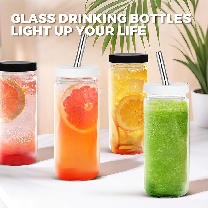 6pcs 18oz Glass Juice Bottles with Lid, Clear Water Bottle Drink Containers with Caps, Reusable Tall Mason Jar for Drinking, Smoothie and Other Beverages BPA Free 100% Leak Proof Drinking Jar