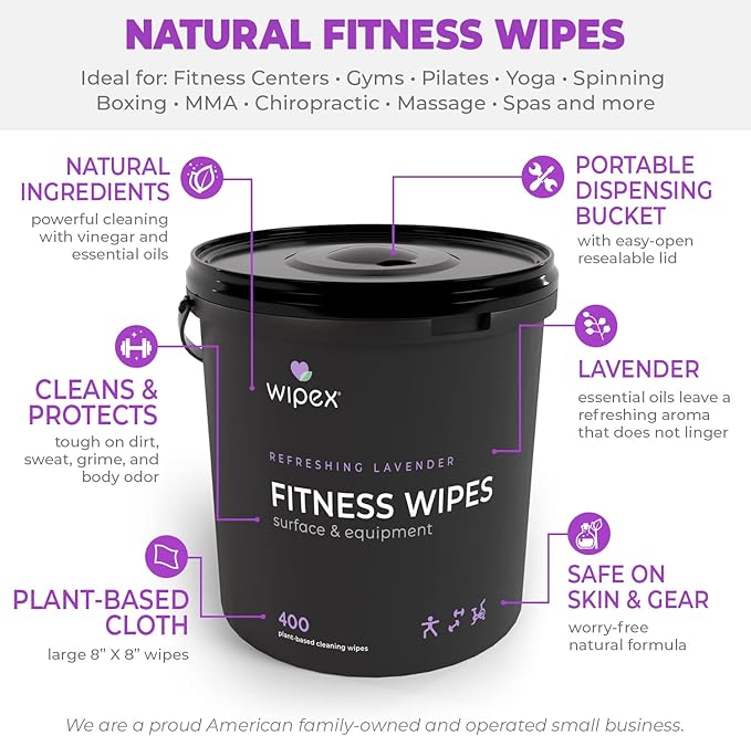 Wipex Gym Wipes - Natural Fitness Equipment Wipes, Plant-Based Cloth with Lavender & Vinegar, All-Purpose Cleaner - Safe to Use on Peloton Bikes & Yoga Mats, 400 Count