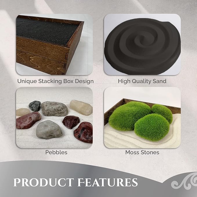 Wooden Stackable Zen Garden | Moonless Night Sand with Rake & Accessories | Minimalist Decor Gift for Relaxation