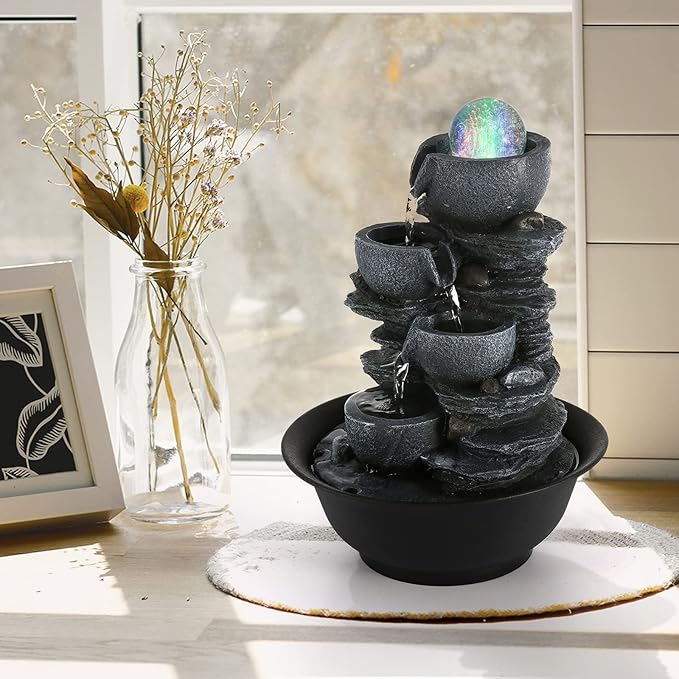 Dyna-Living Tabletop Water Fountain Indoor Waterfalls Fountains with Colored LED Light Decorative Tabletop Fountain with Automatic Pump