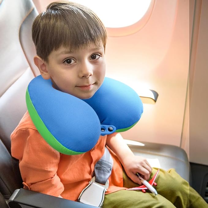 COOLBEBE Kids Travel Neck Pillow, Softly Double Support Neck Pillow for Car & Airplane, Traveling Gifts for Toddler & Children (1, Bluish Green)